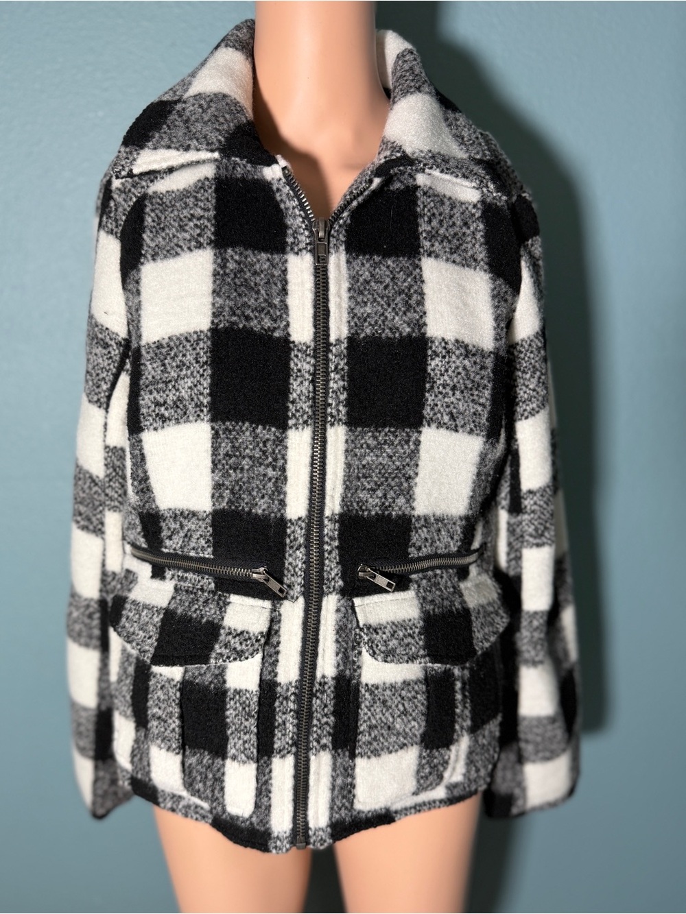 Rewind Black & White Buffalo Plaid Zip Jacket